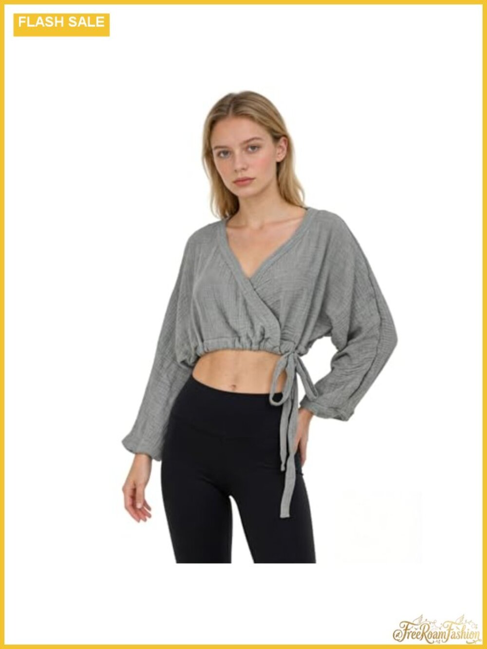 Women's Cotton Double Gauze Wrap Crop Top Long Sleeve V Neck Tie Side